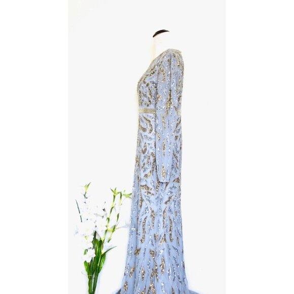 NEW! Mac Duggal Platinum Silver Gold Paisley Beaded Long Sleeve Gown SZ 6 - Picture 6 of 11